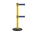 Retractable Belt Barrier Stanchion, Rolling Base, Yellow Steel Post, 13 ft Dual Belt - Montour Line MSE630D