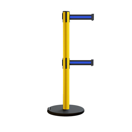 Retractable Belt Barrier Stanchion, Rolling Base, Yellow Steel Post, 13 ft Dual Belt - Montour Line MSE630D
