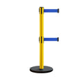 Retractable Belt Barrier Stanchion, Rolling Base, Yellow Steel Post, 13 ft Dual Belt - Montour Line MSE630D