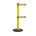 Retractable Belt Barrier Stanchion, Rolling Base, Yellow Steel Post, 13 ft Dual Belt - Montour Line MSE630D