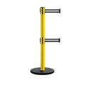Retractable Belt Barrier Stanchion, Rolling Base, Yellow Steel Post, 13 ft Dual Belt - Montour Line MSE630D