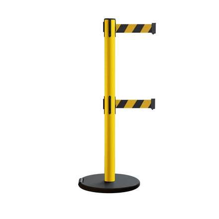 Retractable Belt Barrier Stanchion, Rolling Base, Yellow Steel Post, 13 ft Belt - Montour Line MSE630D