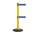 Retractable Belt Barrier Stanchion, Rolling Base, Yellow Steel Post, 13 ft Dual Belt - Montour Line MSE630D