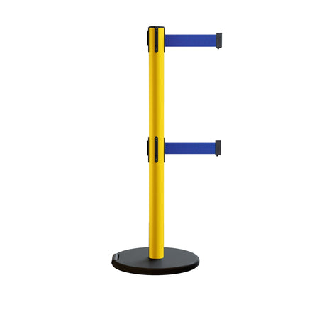 Retractable Belt Barrier Stanchion, Rolling Base, Yellow Steel Post, 13 ft Dual Belt - Montour Line MSE630D