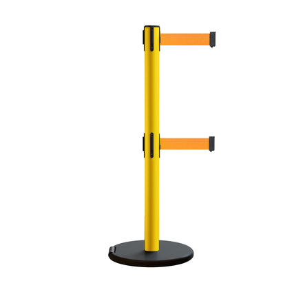 Retractable Belt Barrier Stanchion, Rolling Base, Yellow Steel Post, 13 ft Dual Belt - Montour Line MSE630D