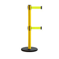 Retractable Belt Barrier Stanchion, Rolling Base, Yellow Steel Post, 13 ft Dual Belt - Montour Line MSE630D