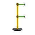 Retractable Belt Barrier Stanchion, Rolling Base, Yellow Steel Post, 13 ft Dual Belt - Montour Line MSE630D