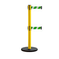 Retractable Belt Barrier Stanchion, Rolling Base, Yellow Steel Post, 13 ft Dual Belt - Montour Line MSE630D