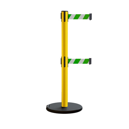 Retractable Belt Barrier Stanchion, Rolling Base, Yellow Steel Post, 13 ft Dual Belt - Montour Line MSE630D