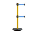 Retractable Belt Barrier Stanchion, Rolling Base, Yellow Steel Post, 13 ft Dual Belt - Montour Line MSE630D