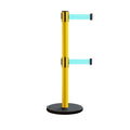 Retractable Belt Barrier Stanchion, Rolling Base, Yellow Steel Post, 13 ft Dual Belt - Montour Line MSE630D