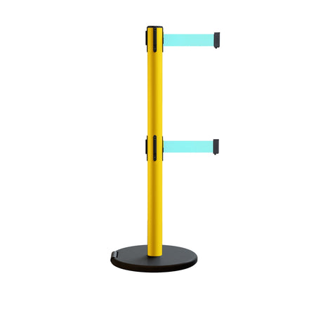 Retractable Belt Barrier Stanchion, Rolling Base, Yellow Steel Post, 13 ft Dual Belt - Montour Line MSE630D