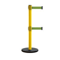 Retractable Belt Barrier Stanchion, Rolling Base, Yellow Steel Post, 13 ft Dual Belt - Montour Line MSE630D