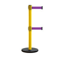 Retractable Belt Barrier Stanchion, Rolling Base, Yellow Steel Post, 13 ft Dual Belt - Montour Line MSE630D