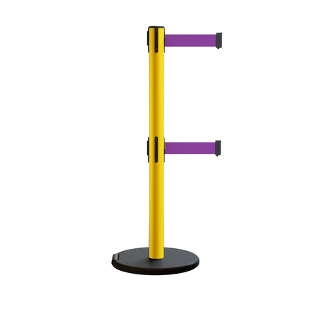Retractable Belt Barrier Stanchion, Rolling Base, Yellow Steel Post, 13 ft Dual Belt - Montour Line MSE630D