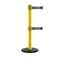 Retractable Belt Barrier Stanchion, Rolling Base, Yellow Steel Post, 13 ft Dual Belt - Montour Line MSE630D
