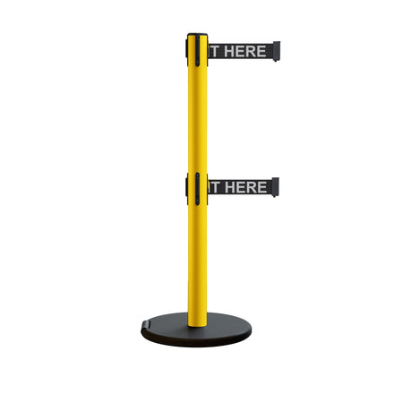 Retractable Belt Barrier Stanchion, Rolling Base, Yellow Steel Post, 13 ft Dual Belt - Montour Line MSE630D