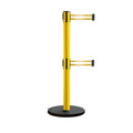Retractable Belt Barrier Stanchion, Rolling Base, Yellow Steel Post, 13 ft Dual Belt - Montour Line MSE630D