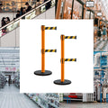 Retractable Belt Barrier Stanchion, Rolling Base, Orange Steel Post, 7.5 ft Dual Belt - Montour Line MSE630D