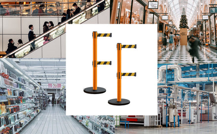 Retractable Belt Barrier Stanchion, Rolling Base, Orange Steel Post, 7.5 ft Dual Belt - Montour Line MSE630D