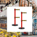 Retractable Belt Barrier Stanchion, Rolling Base, Red Steel Post, 7.5 ft Dual Belt - Montour Line MSE630D