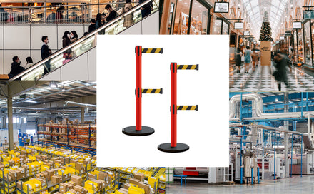 Retractable Belt Barrier Stanchion, Rolling Base, Red Steel Post, 13 ft Dual Belt - Montour Line MSE630D