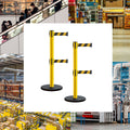 Retractable Belt Barrier Stanchion, Rolling Base, Yellow Steel Post, 13 ft Dual Belt - Montour Line MSE630D