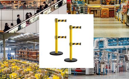 Retractable Belt Barrier Stanchion, Rolling Base, Yellow Steel Post, 13 ft Dual Belt - Montour Line MSE630D