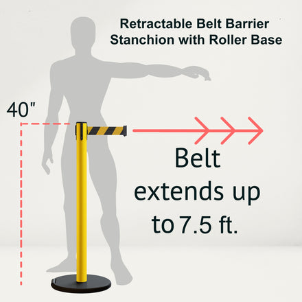 Retractable Belt Barrier Stanchion, Rolling Base, Yellow Steel Post, 7.5 ft Belt - Montour Line MSE630