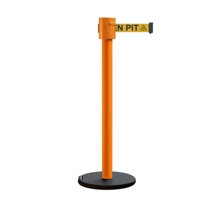 Retractable Belt Barrier Stanchion, Roller Base, Orange Post, 35 ft Belt - Montour Line MSE760