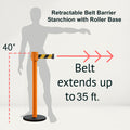 Retractable Belt Barrier Stanchion, Roller Base, Orange Post, 35 ft Belt - Montour Line MSE760