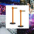 Retractable Belt Barrier Stanchion, Roller Base, Orange Post, 35 ft Belt - Montour Line MSE760