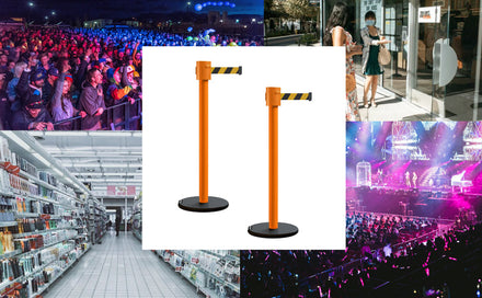 Retractable Belt Barrier Stanchion, Roller Base, Orange Post, 35 ft Belt - Montour Line MSE760