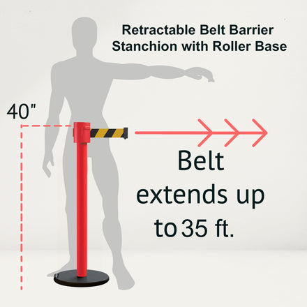 Retractable Belt Barrier Stanchion, Roller Base, Red Post, 35 ft Belt - Montour Line MSE760