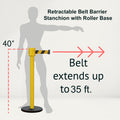 Retractable Belt Barrier Stanchion, Roller Base, Yellow Post, 35 ft Belt - Montour Line MSE760