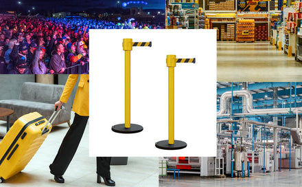 Retractable Belt Barrier Stanchion, Roller Base, Yellow Post, 35 ft Belt - Montour Line MSE760