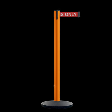 Safety Retractable Belt Barrier Stanchion, Orange Post with Heavy Duty Cast Iron Base, 14 ft Belt – Montour Line MI650