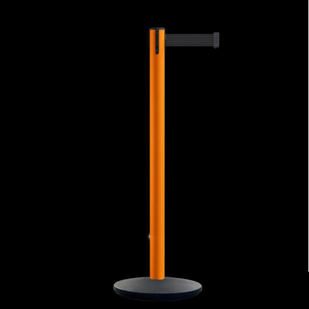Safety Retractable Belt Barrier Stanchion, Orange Post with Heavy Duty Cast Iron Base, 16 ft Belt – Montour Line MI650