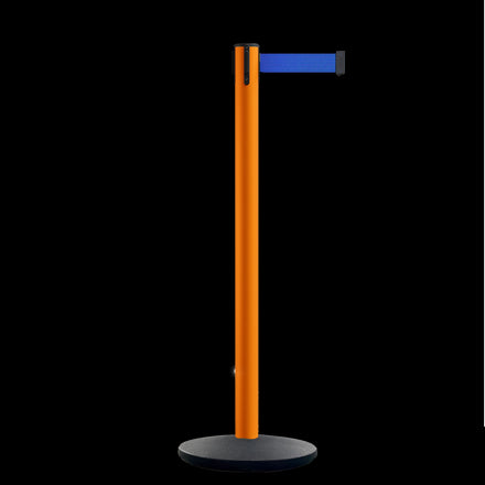 Safety Retractable Belt Barrier Stanchion, Orange Post with Heavy Duty Cast Iron Base, 16 ft Belt – Montour Line MI650