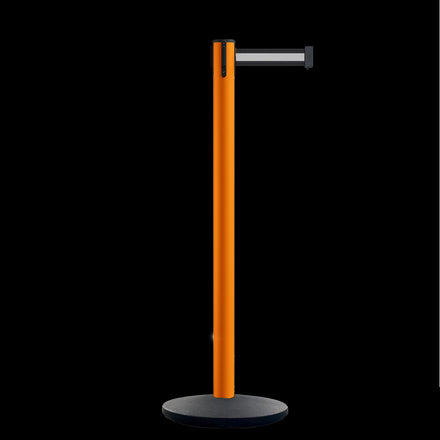 Retractable Belt Barrier Stanchion, Orange Post, Cast Iron Base, 7.5 Ft. Belt - Montour Line MI630