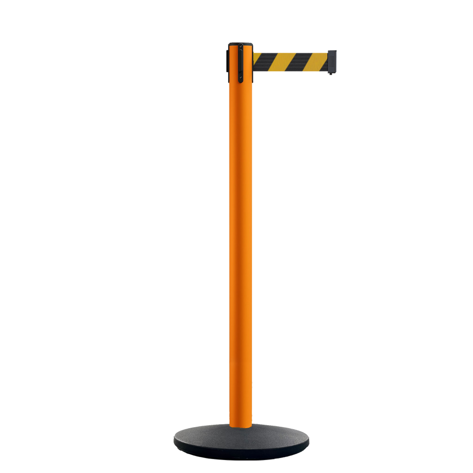 Safety Retractable Belt Barrier Stanchion, Orange Post with Heavy Duty Cast Iron Base, 14 ft Belt – Montour Line MI650