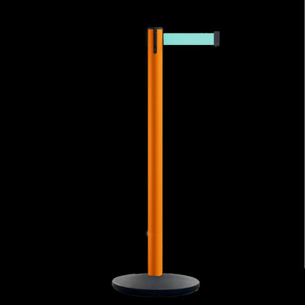 Retractable Belt Barrier Stanchion, Orange Post, Cast Iron Base, 7.5 Ft. Belt - Montour Line MI630