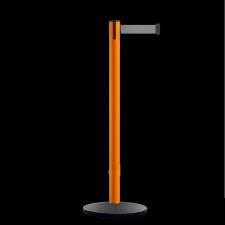Retractable Belt Barrier Stanchion, Orange Post, Cast Iron Base, 11 Ft. Belt - Montour Line MSI630