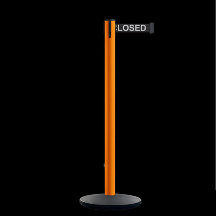 Retractable Belt Barrier Stanchion, Orange Post, Cast Iron Base, 13 Ft. Belt - Montour Line MSI630