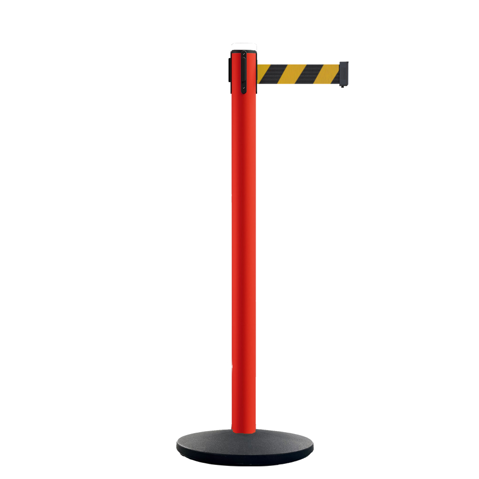 Safety Retractable Belt Barrier Stanchion, Red Post with Heavy Duty Cast Iron Base, 16 ft Belt – Montour Line MSI650