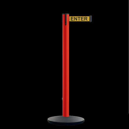 Safety Retractable Belt Barrier Stanchion, Red Post with Heavy Duty Cast Iron Base, 16 ft Belt – Montour Line MSI650