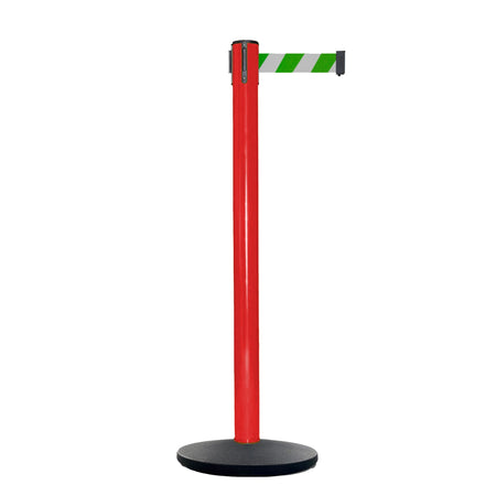 Retractable Belt Barrier Stanchion, Red Post, Cast Iron Base, 13 Ft. Belt - Montour Line MSI630