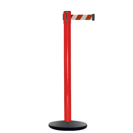 Retractable Belt Barrier Stanchion, Red Post, Cast Iron Base, 13 Ft. Belt - Montour Line MSI630