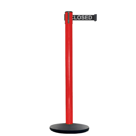 Retractable Belt Barrier Stanchion, Red Post, Cast Iron Base, 13 Ft. Belt - Montour Line MSI630