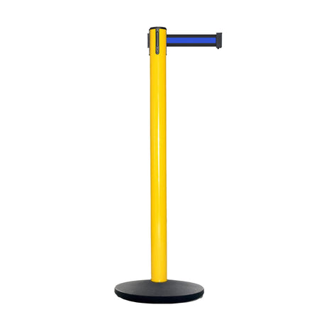 Retractable Belt Barrier Stanchion, Yellow Post, Cast Iron Base, 7.5 Ft. Belt - Montour Line MI630